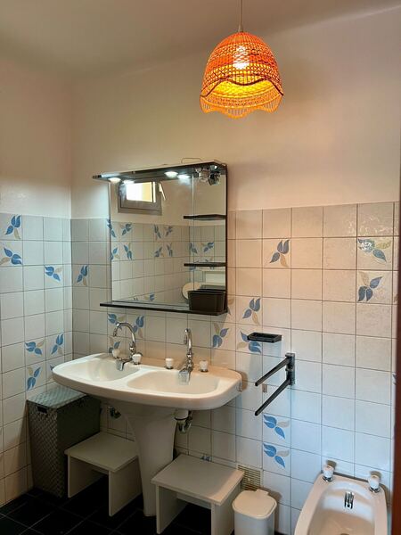 Salle de bain avec vasque et carrelage à motifs bleus